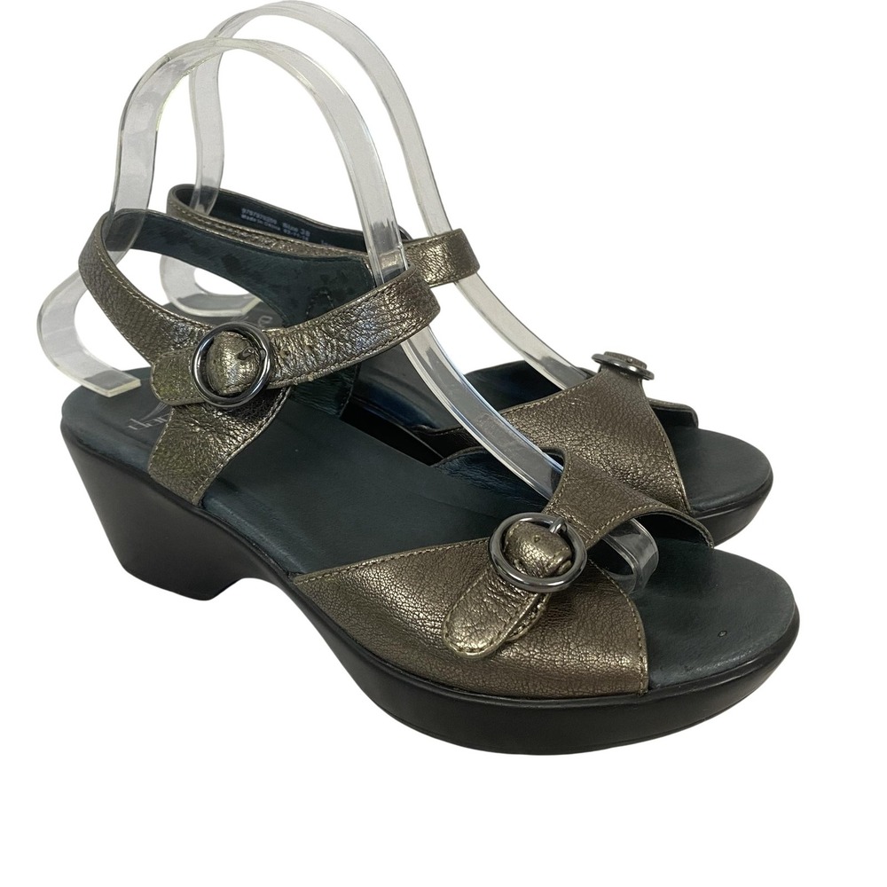 Dansko June Wedge‎ Sandals Womens 7.5 38 Pewter Metallic Leather Slingback